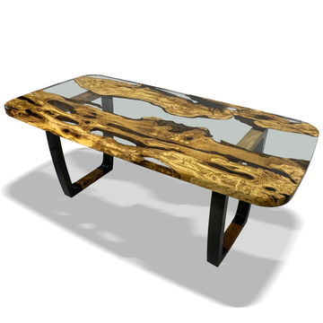 staphyle olive wood squoval dining table, olive wood dining table, resin dining table, ghost white resin, black powder coated steel base, contemporary dining table, luxury dining table, home decor